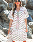 Floral Bubble Sleeve Tie Neck Ruffle Hem Dress