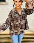 Plaid Quarter-Button Patchwork Long Sleeve Hooded Blouse