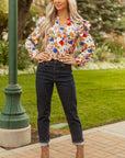 Floral Ruffle Shoulder Long Sleeve Blouse