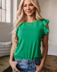 Nellie Embroidered Ruffled Sleeve Slim Fit Crew Neck Top
