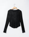 Solid Ribbed Knit Buttoned Long Sleeve Top