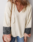 Floral Patchwork Textured Knit V-Neck Blouse