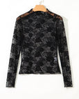 Myla Sheer Floral Lace Mesh Mock Neck Long Sleeve Top