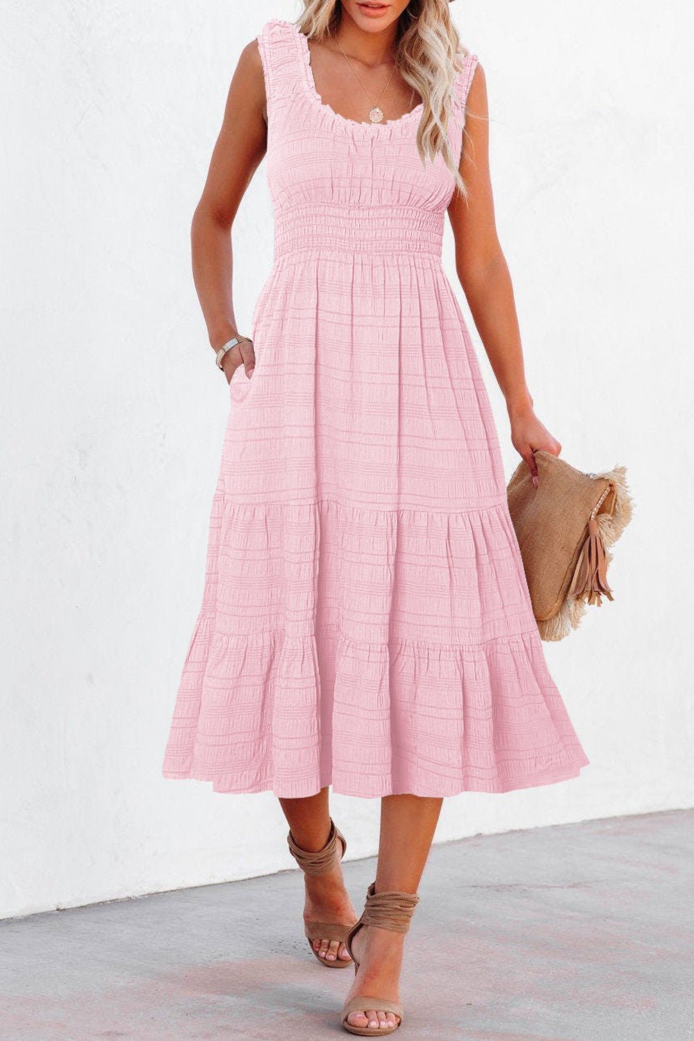Shirred Pleated Square Neck Sleeveless Midi Dress