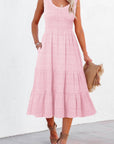 Shirred Pleated Square Neck Sleeveless Midi Dress