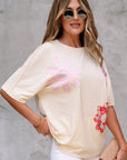 Floral Patch Exposed Stitching Crew Neck Tee