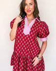 Floral V-Neck Short Bubble Sleeve Mini Dress