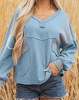 Stripe Patchwork Waffle Knit V-Neck Pullover