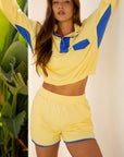 Shelby Patchwork Half Button Pullover and Shorts Outfit