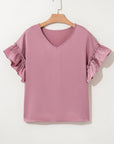 Solid Satin Ruffle Short Sleeve V-Neck Top