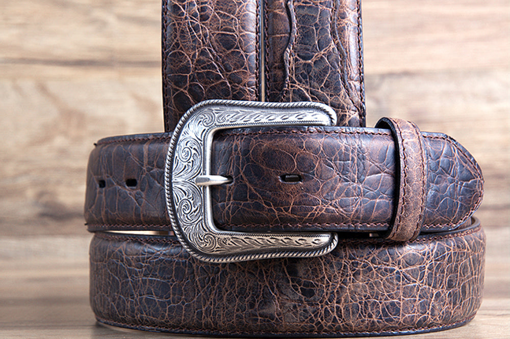 M&amp;F Western Rustic Brown Elephant Print Leather Belt 1.5" Engraved Silver Buckle