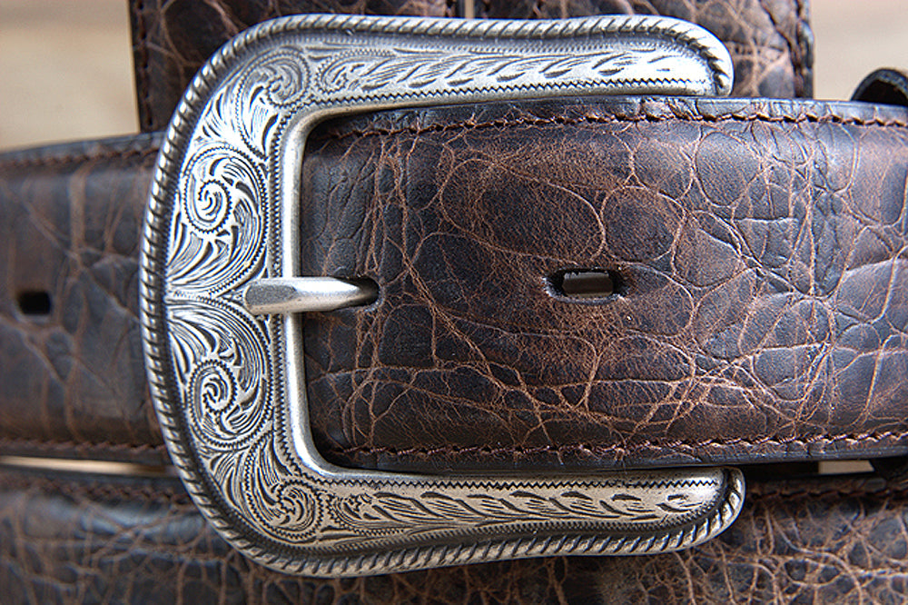 M&amp;F Western Rustic Brown Elephant Print Leather Belt 1.5" Engraved Silver Buckle