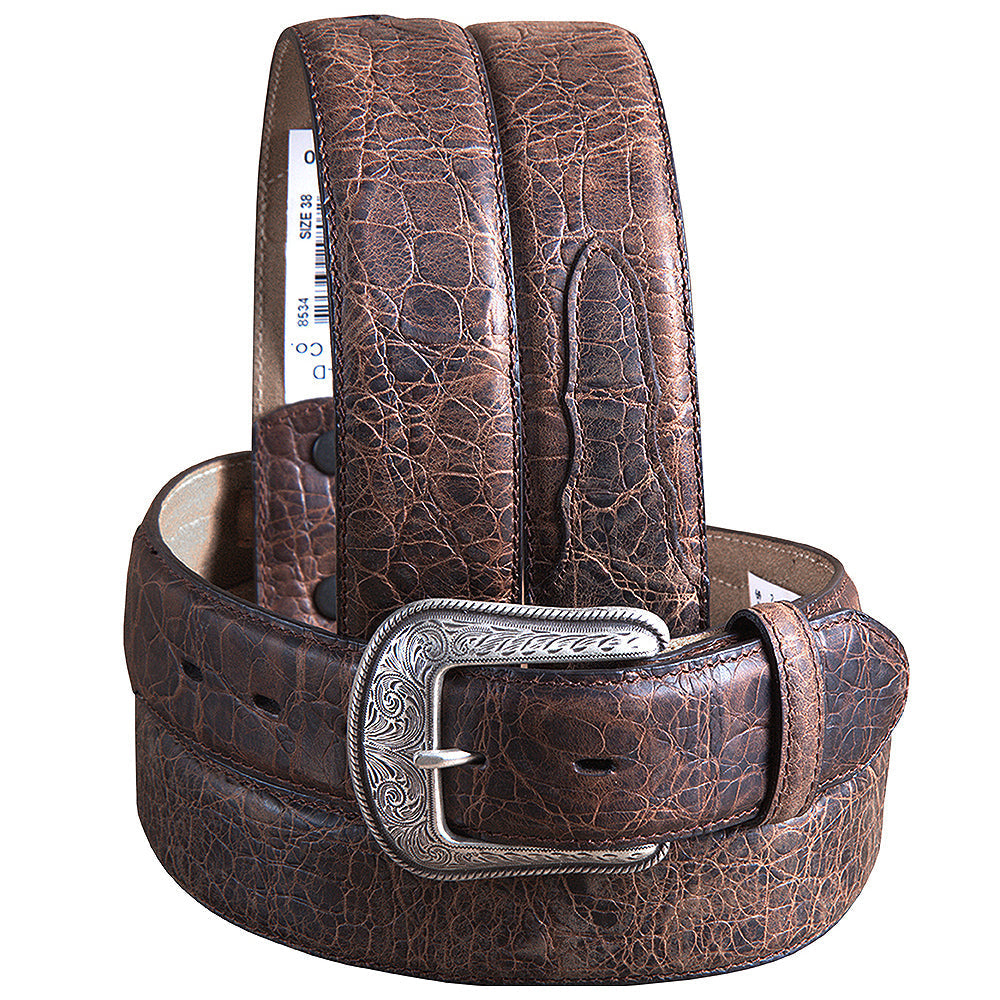 M&amp;F Western Rustic Brown Elephant Print Leather Belt 1.5" Engraved Silver Buckle
