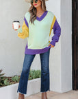 Colorblock Stitched V-Neck Drop Shoulder Sweater