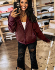 Waffle Zip Up Snap Button Hooded Jacket