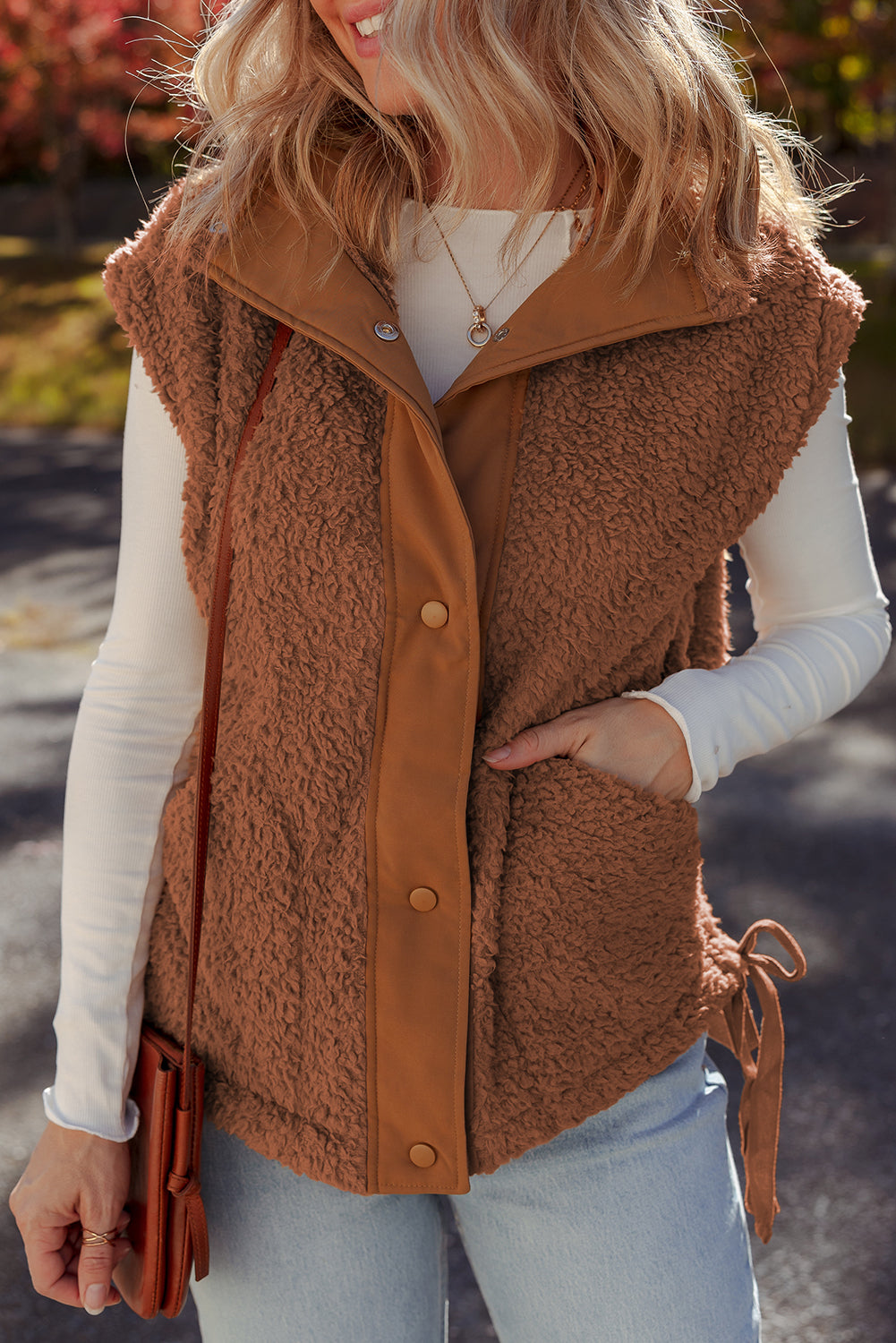 Solid Fleece Snap Button Side Tie Vest