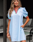 Colorblock Contrast Stripe V-Neck Puff Sleeve Mini Dress