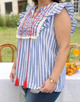 ARIYA STRIPE GEO PATTERN EMBROIDERED TASSEL FLUTTER Plus BLOUSE