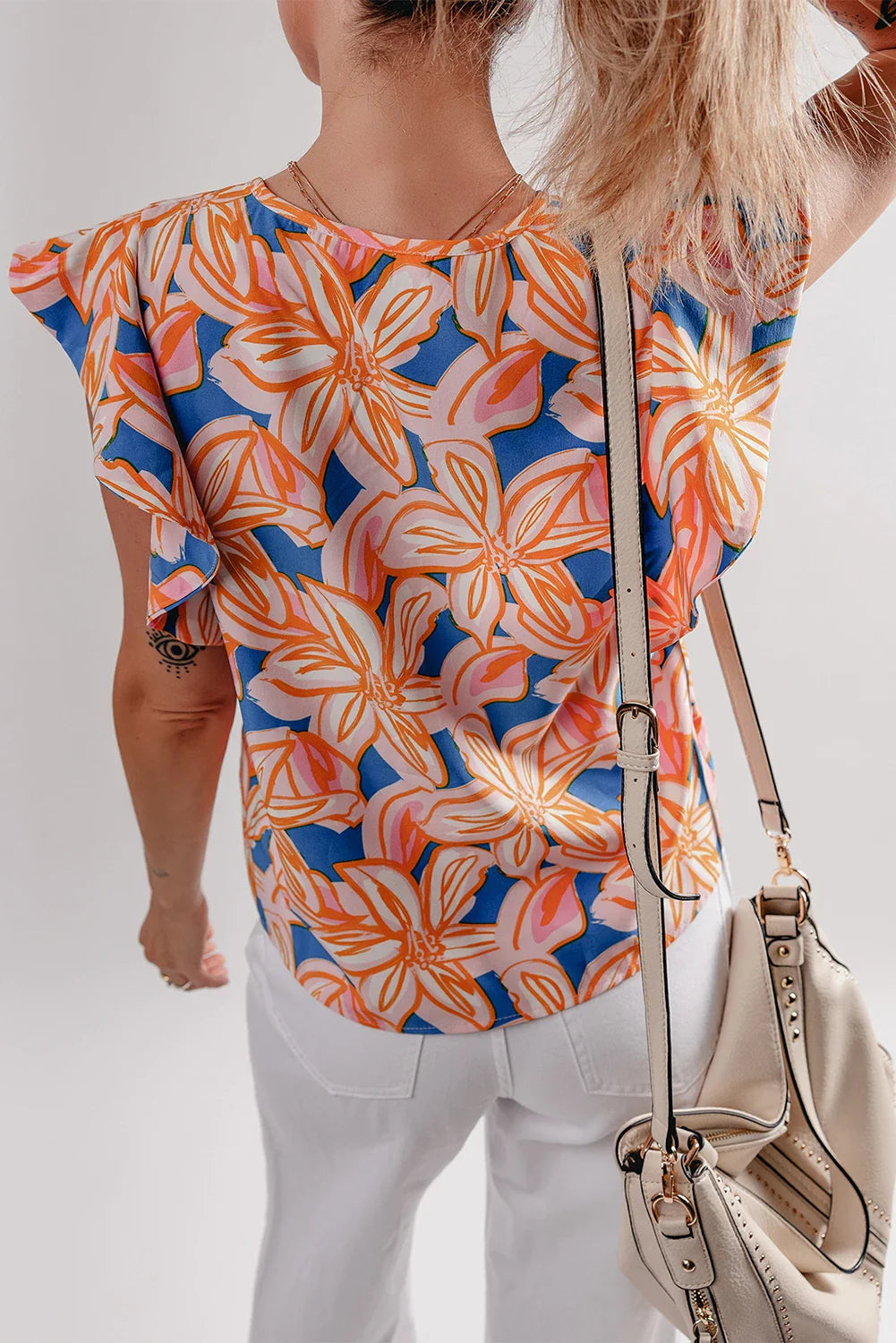 Flower Notch Neck Ruffle Sleeve Blouse