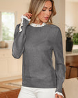 Lace Trim Patchwork Buttoned Cuff Sweater