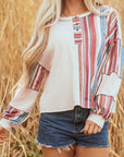 Stripe Waffle Knit Patchwork Raw Edge Henley Top