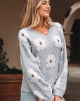 Floral V-Neck Drop Shoulder Baggy Sweater