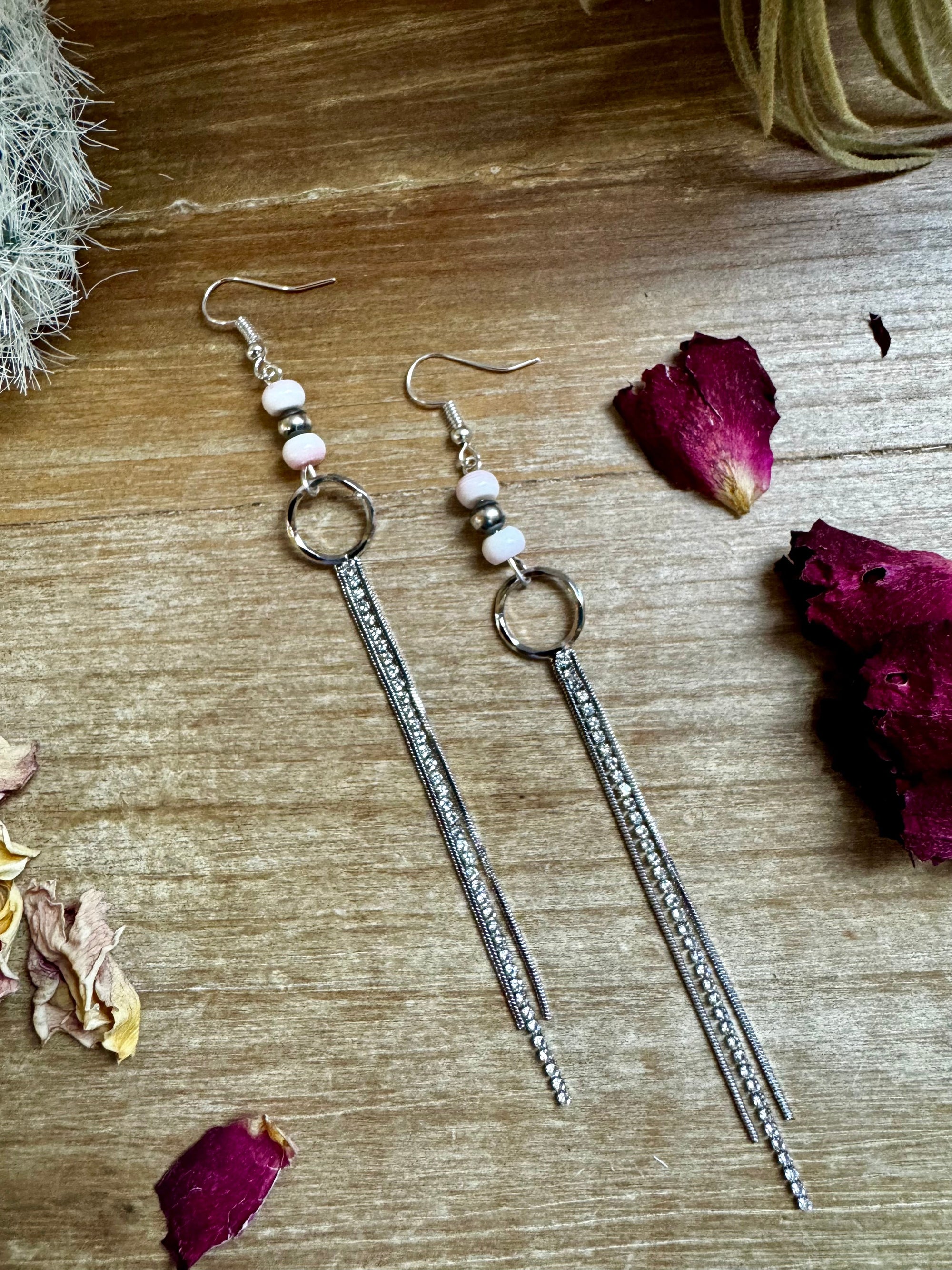 Chic dangle earrings with pink conch  &amp; sterling silver pearls