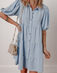 Solid Button-Up Collared Tiered Dress