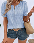 Solid Textured Notch Neck Puff Sleeve Blouse