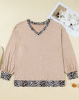 Plus Size Leopard Patchwork V-Neck Long Sleeve Top