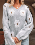 Floral V-Neck Drop Shoulder Baggy Sweater