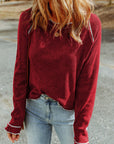 Solid Waffle Knit Round Neck Long Sleeve Top