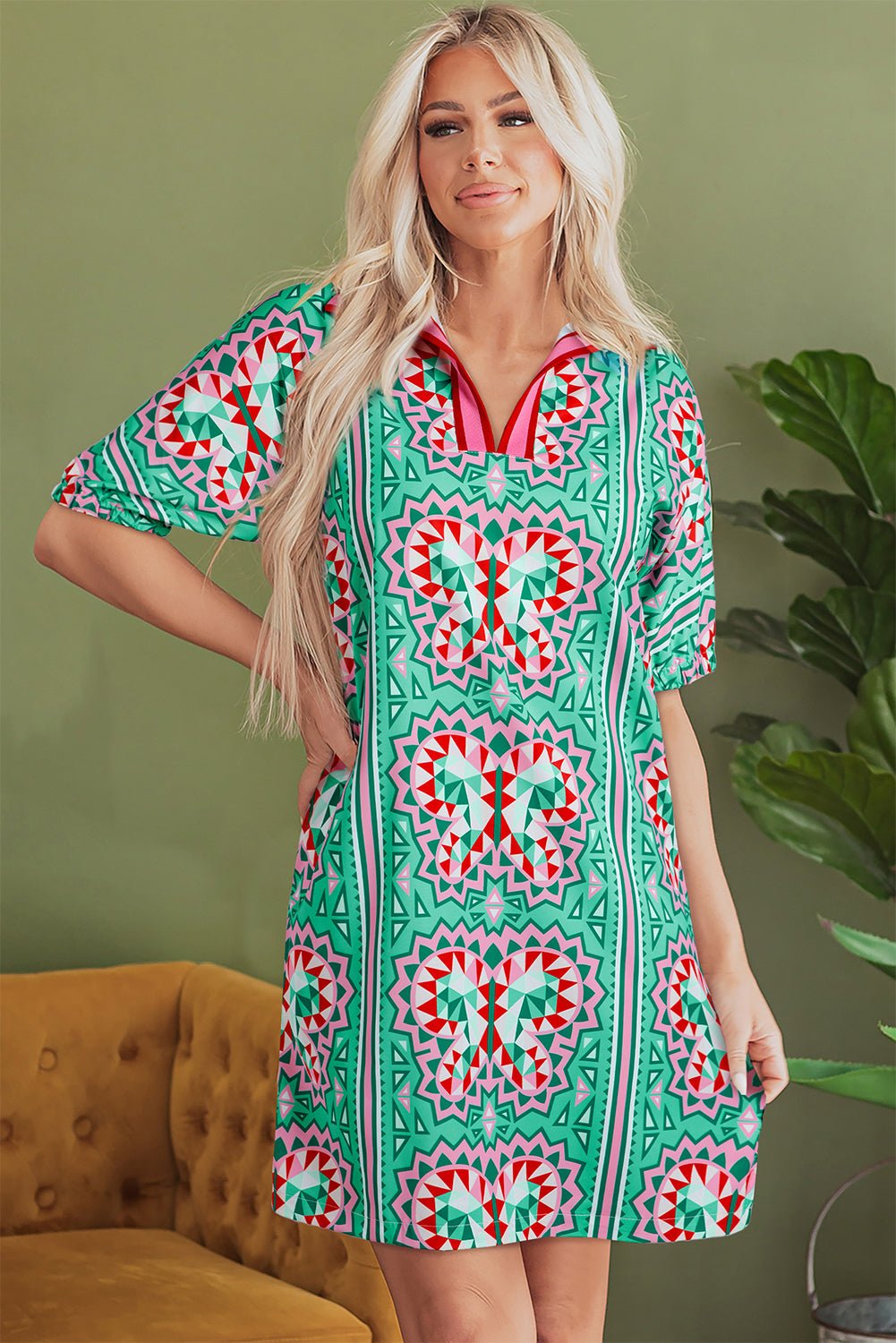 Isabela Butterfly Print Split Neck Short Sleeve Dress