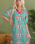 Isabela Butterfly Print Split Neck Short Sleeve Dress