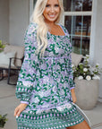 Boho Floral Piping Trim Bubble Sleeve Dress