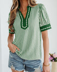 Stripe Collared V-Neck Bubble Sleeve Blouse