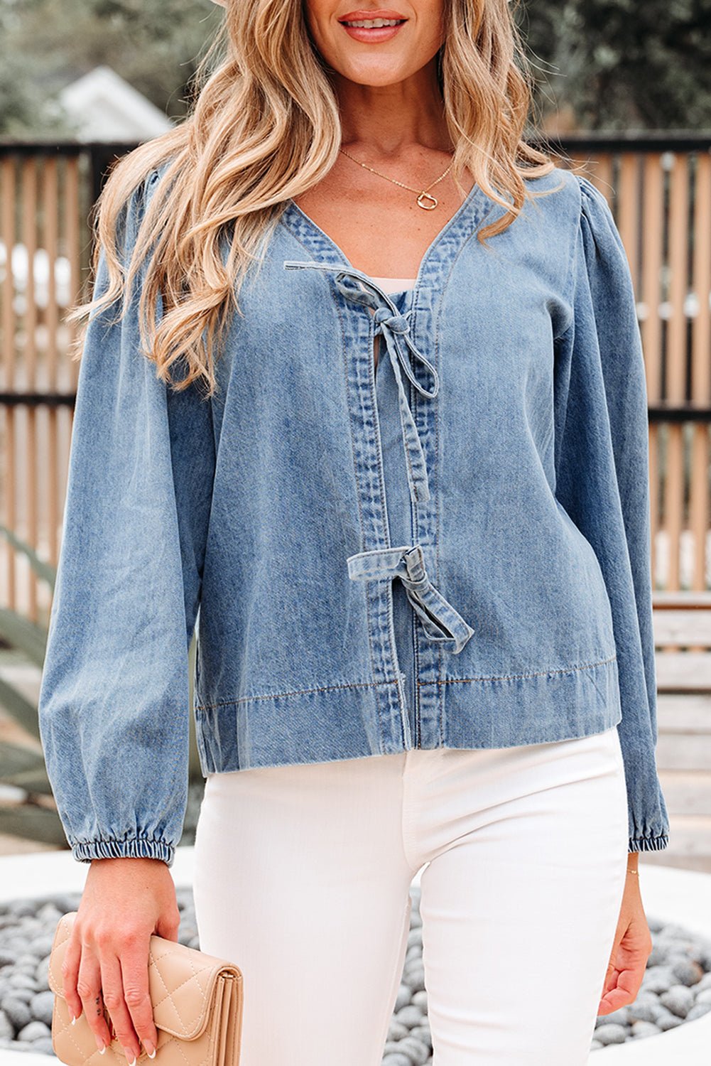 Oakley Tied Front Long Puff Sleeve Denim Top