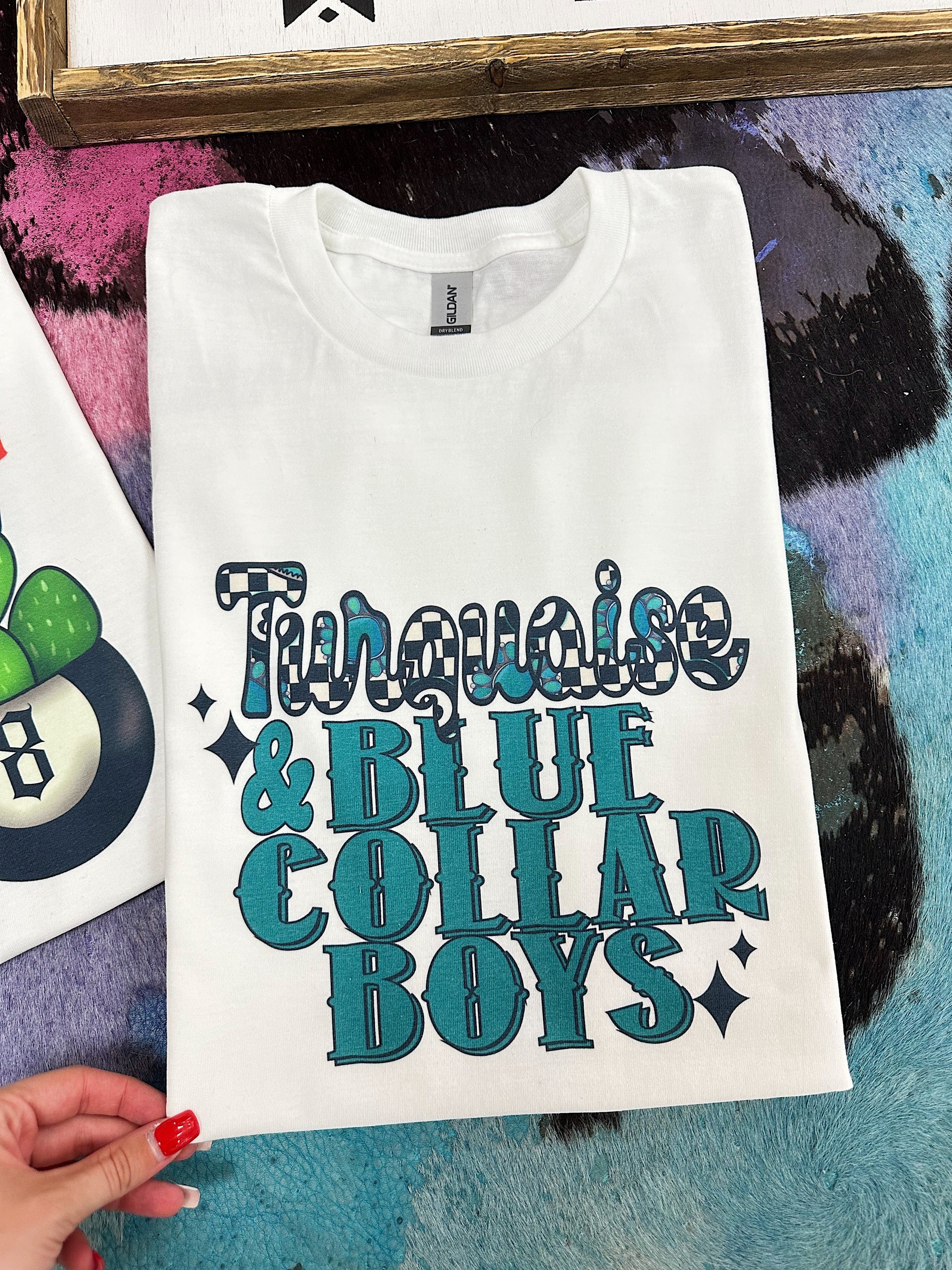 Turquoise &amp; Blue Collar TEE or CREWNECK