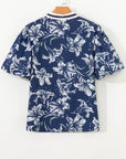 Floral Stripe Trim Puff Sleeve V-Neck Blouse