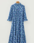 Floral Frilled V-Neck 3/4 Sleeve Midi Dress