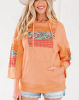 Plaid Floral Patchwork Kangaroo Pocket Hooded Top