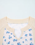 Floral Patchwork Waffle Knit Balloon Sleeve Top