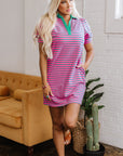 Stripe Collared V-Neck Puff Sleeve T-Shirt Dress