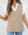 Serena Contrast V Neck Ruffled Textured Knit Top