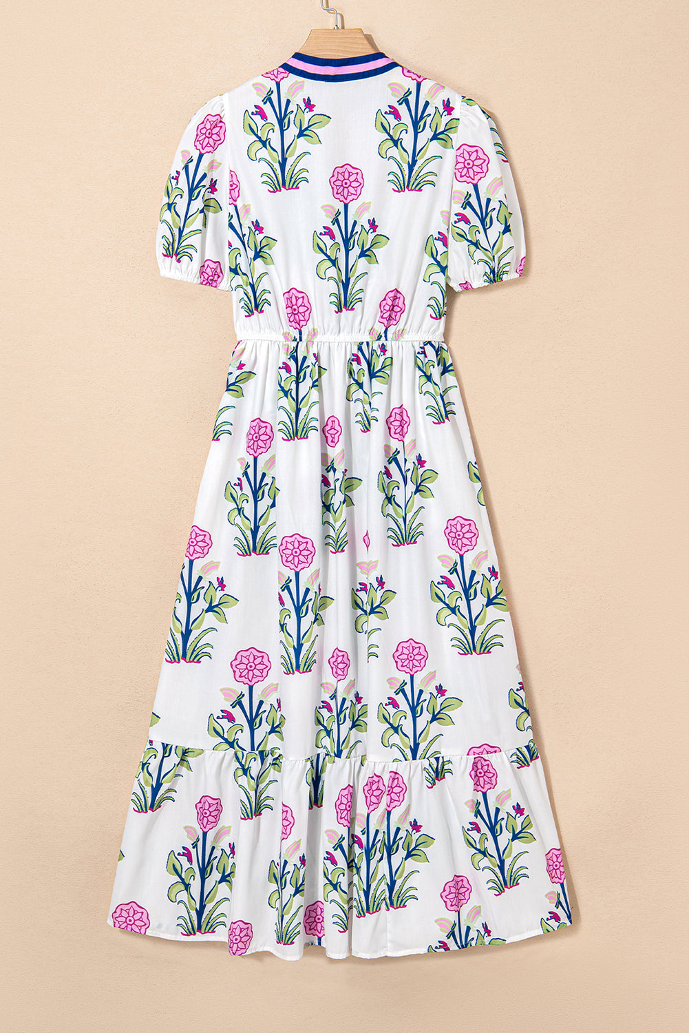 Floral Ruffle Hem Pop of Color Neckline Dress