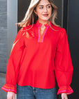 Stripe Trim Ruffle Split Neck Long Sleeve Blouse
