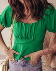 Solid Ruched Cross Waist Tied Back Peplum Top