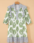 Floral Patchwork Ruffle 3/4 Sleeve Mini Dress