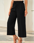 Solid Paperbag Waist Straight Leg Cropped Pants