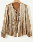 Metallic Tied Front Long Sleeve Babydoll Blouse